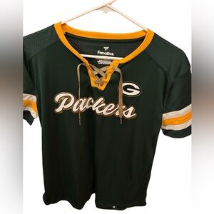 NFL Green Bay Packers Women's gold shimmer Lace Up Jersey Shirt in Green medium